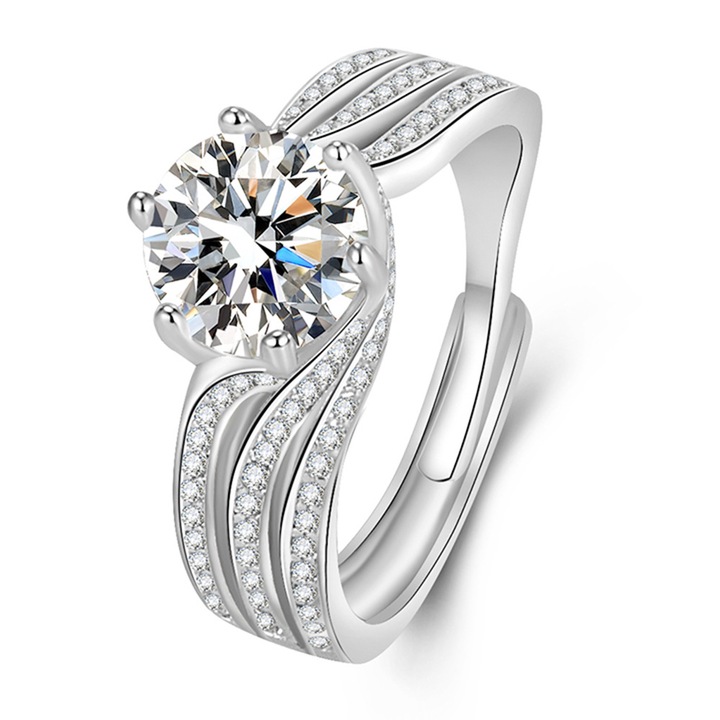 Inel mare de piatra liber, rasucire pavé, Placat cu aur alb, Zircon 9 mm, Dimensiune inel reglabila