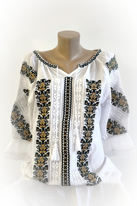Bluza traditionala brodata tip ie, bumbac, alb, model 28