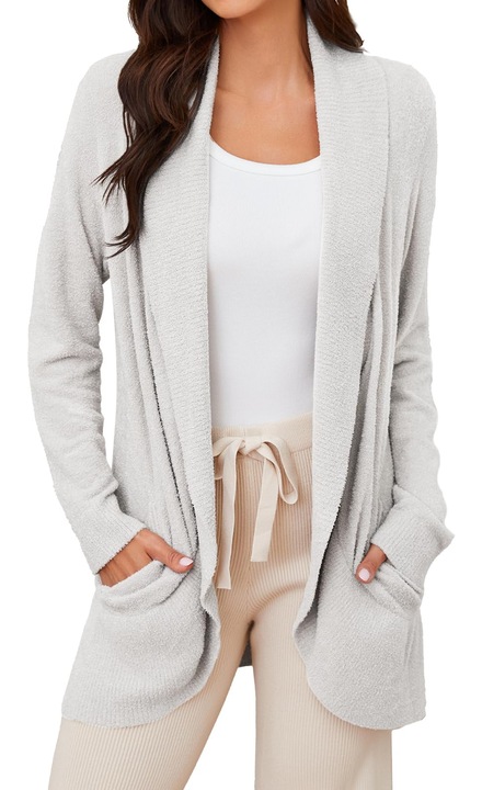 Cardigan Lung Tapata, Elegant, Deschidere Frontala, Maneci Lungi, Bqwsdauzunare, Alb inchis, Gri deschis