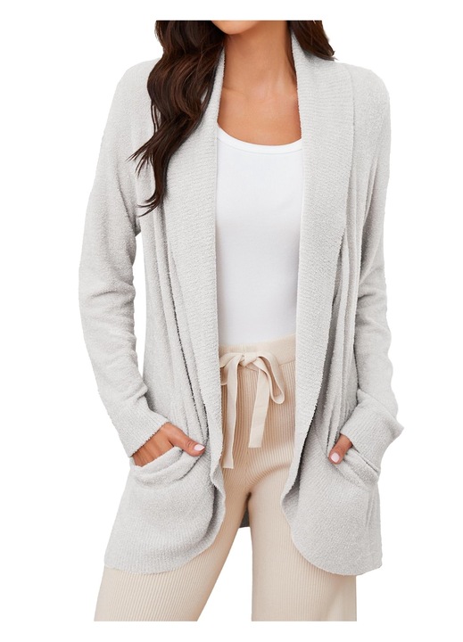 Cardigan Lung Tapata, Elegant, Deschidere Frontala, Maneci Lungi, Bqwsdauzunare, Alb inchis, Kaki deschis