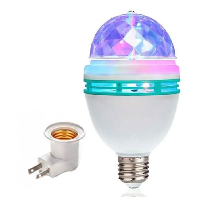 Bec Rotativ Multicolor cu LED, EMATTERIO, Soclu E27, 3 W, Adaptor Pentru Priza, Mini Party