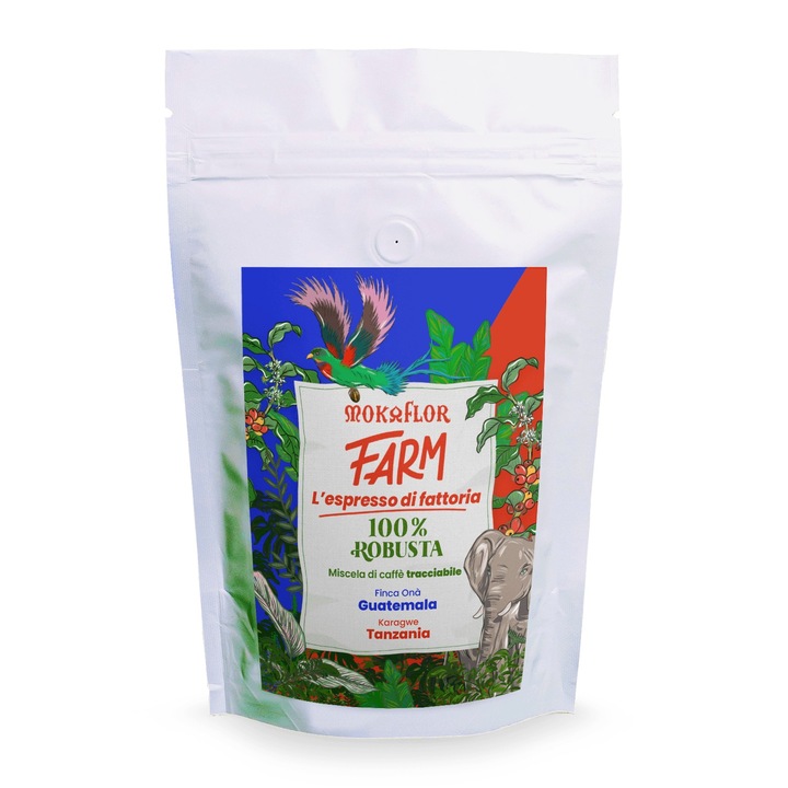 Cafea boabe de specialitate Mokaflor, Farm 100% Robusta, pentru espressor/ moka, cremoasa, note de ciocolata, mirodenii si miere, 250 g