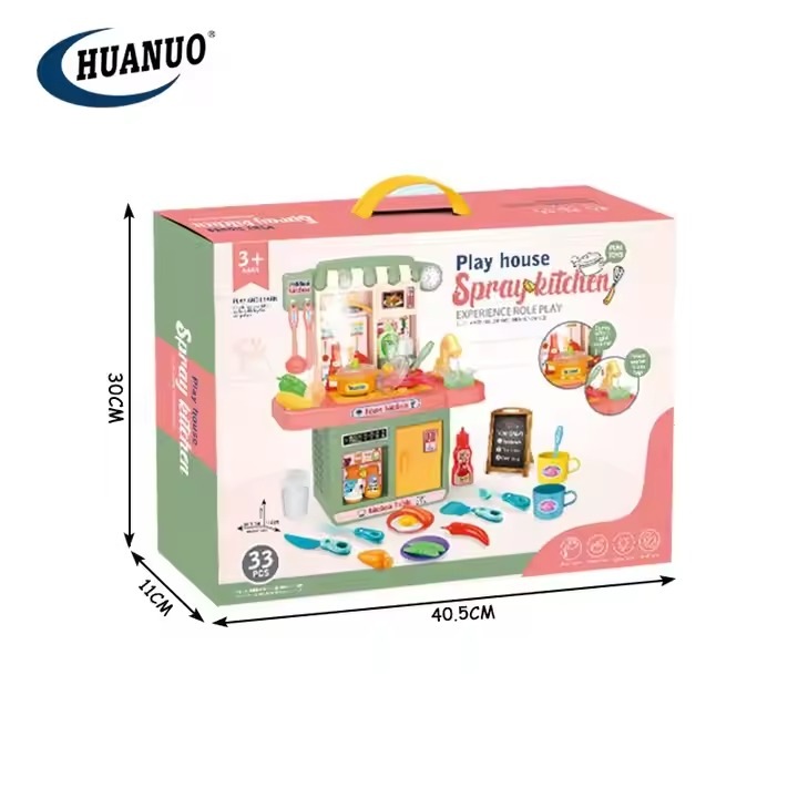 Bucatarie Multifunctionala pentru Copii cu Aburi, Lumini si Sunete Realiste, Chiuveta cu Circuit de Apa, Tabla de Scris, Plita, Cuptor si Frigider, 33 Accesorii