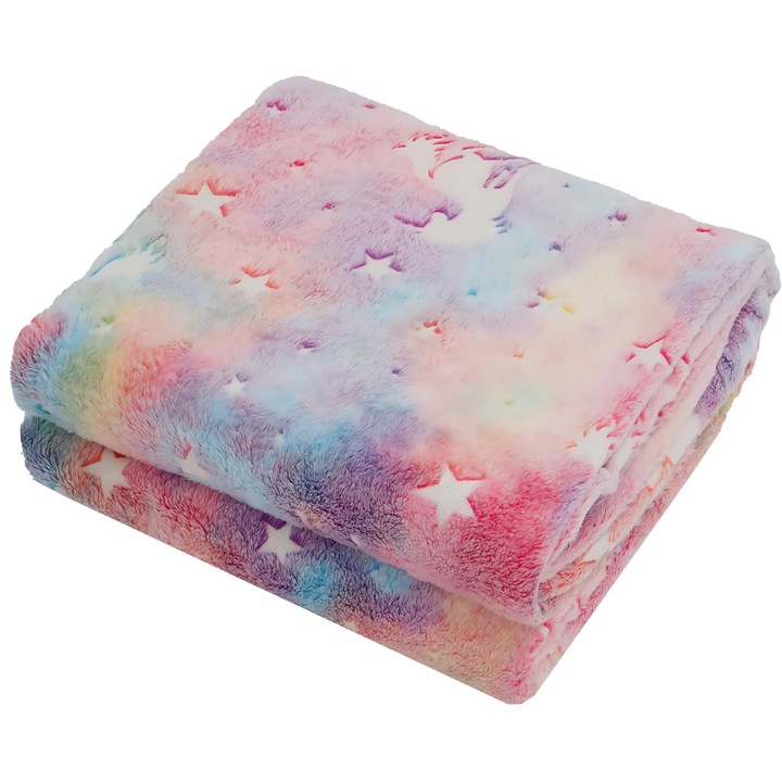 Promerco® Unicorn Print flanel takaró, modern design, vonzó, éjszaka világít, 127 x 152 cm, steppelt, prémium poliészter, tartós, tartós, mosógépben mosható, rózsaszín