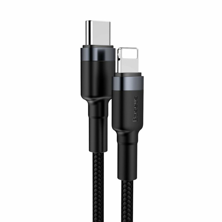 Cablu de incarcare si transfer date, mufe USB-C la Lightning, Cafule, 2A, 1m lungime, textil, Negru-Gri