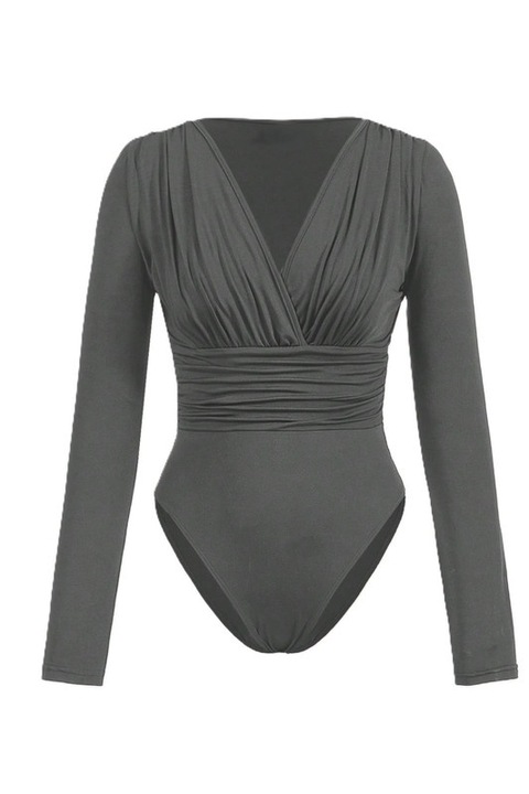 Body Dama, Bodysuit Cu Decolteu In V Si Maneci Lungi, Gri