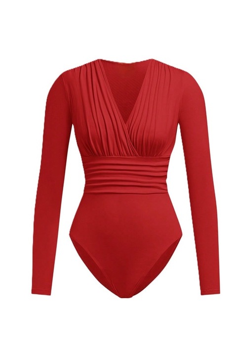 Body Dama, Bodysuit Cu Decolteu In V Si Maneci Lungi, Rosu