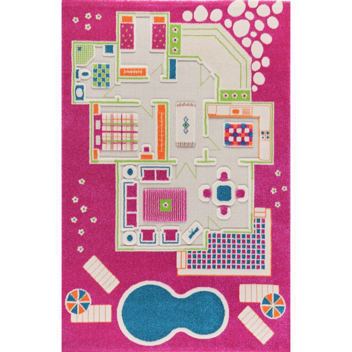 Covor de joaca pentru copii 3D IVI Carpets, Model Playhouse Pink, Antialergic, Polipropilena, Multicolor, 134x200 cm