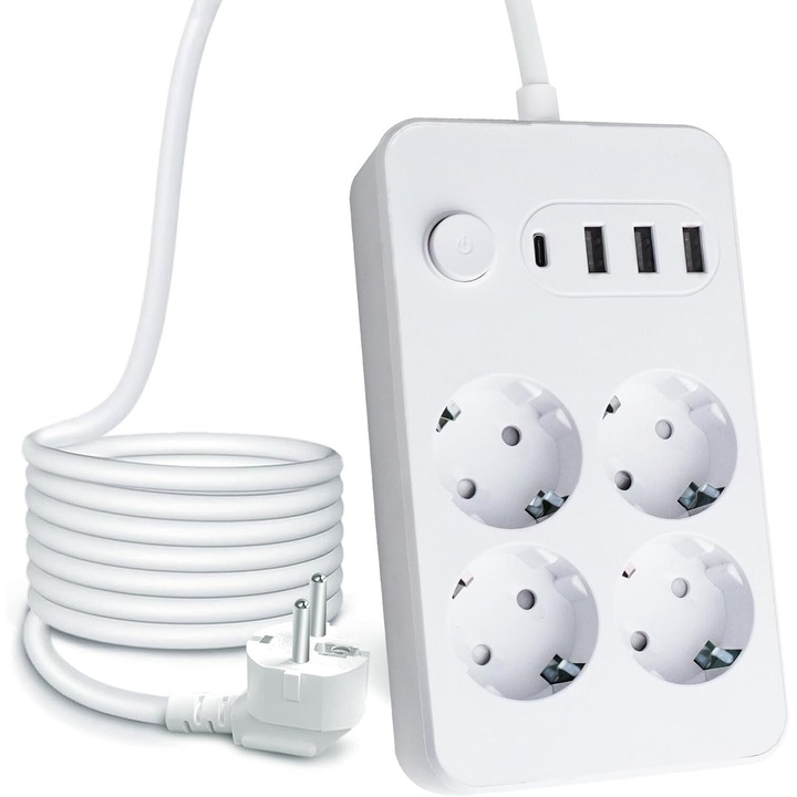 Удължител amXea PS-4310-N2B 4 гнезда, 1x USB C, 3xUSB, 5V/2.4A, кабел 2m 3x1.00mm2, 2500W, бутон за включване/изключване, антистатичен