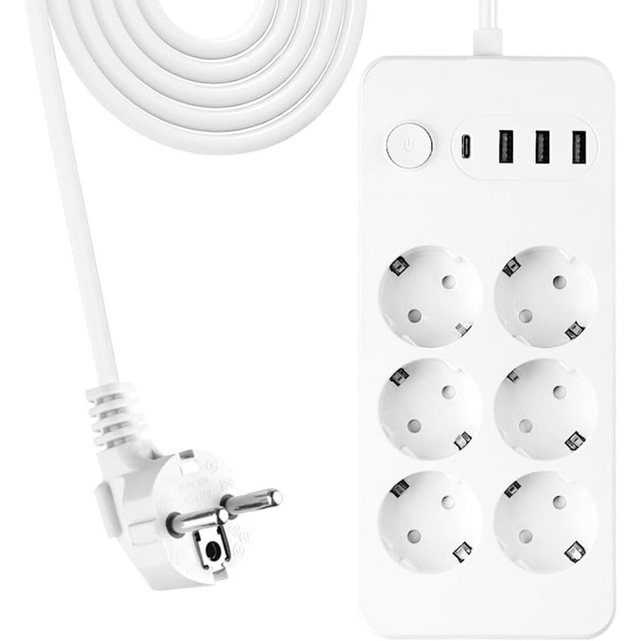 amXea удължител, 6 гнезда, PS-6310-N2B 1x USB C, 3xUSB, 5V/2.4A, кабел 2m 3x1.00mm2 бял, 2500W, бутон за включване/изключване, антистатичен, Черен