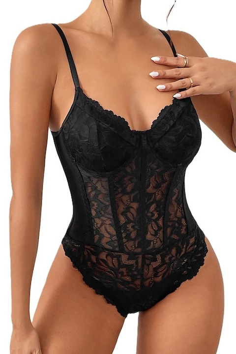 Body Dama, Bodysuit Cami Elegant, Cu Dantela, Negru