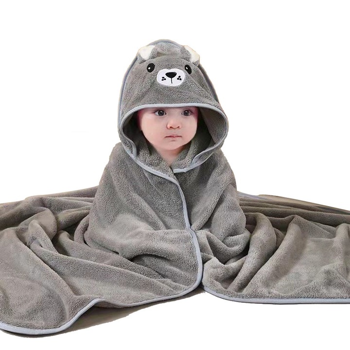 Prosop de baie cu gluga pentru copii, NODA, super absorbant, 80x80cm, design urs, gri deschis