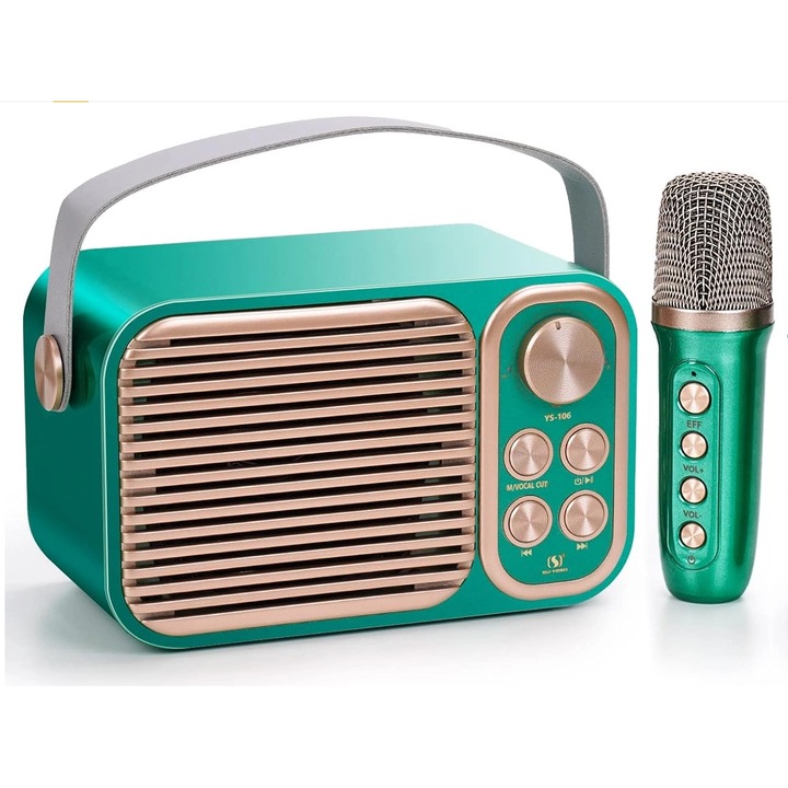 Statie Karaoke TNS®, 1 Microfon Wireless, Difuzor Stereo, Putere 15W, Baterie 3600 mAh, Lumini Colorate, Card Micro-SD, Conexiune USB, Calitate Sunet Excelenta, Verde