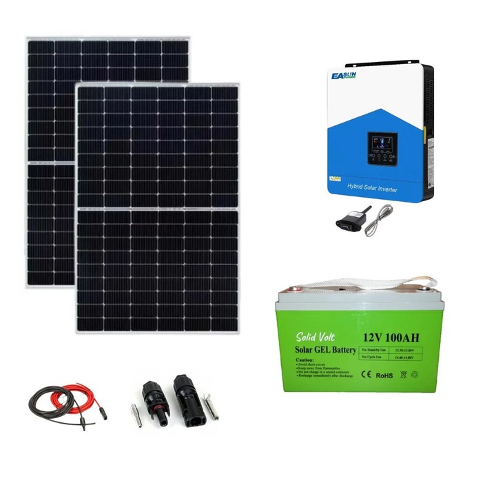 Kit solar fotovoltaic off grid invertor hibrid putere continua 2.2 KW 12V cu MPPT 60A, 2 x panou solar 450W, baterie solara 100Ah gel si 20 m cablu solar, duce masina de spalat, aparat cafea, microunde, frigider, becuri, televizor, Solid Volt