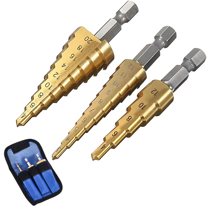 Set 3 burghie conice PROMERCO®, design functional, in trepte, 4-20 mm, 4-12 mm, 3-12 mm, otel inoxidabil, durabil, rezistent, sistem de prindere HEX, compatibile cu bormasina, titan