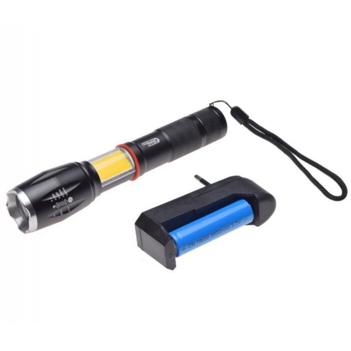 LED фенер, 3 режима на светене, с включена акумулаторна батерия и зарядно