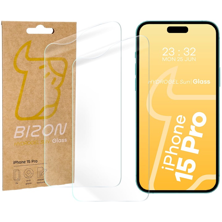 Комплект 2x Стъклен протектор Bizon Glass Film Sun, за iPhone 15 Pro, Прозрачен