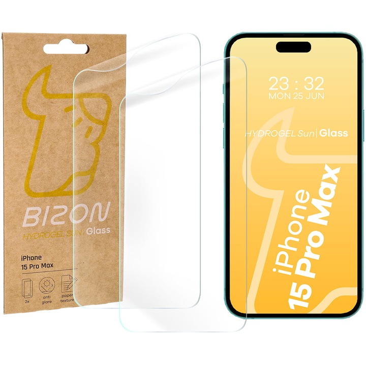 Комплект 2x Стъклен протектор Bizon Glass Hydrogel Screen, за iPhone 15 Pro Max, Прозрачен