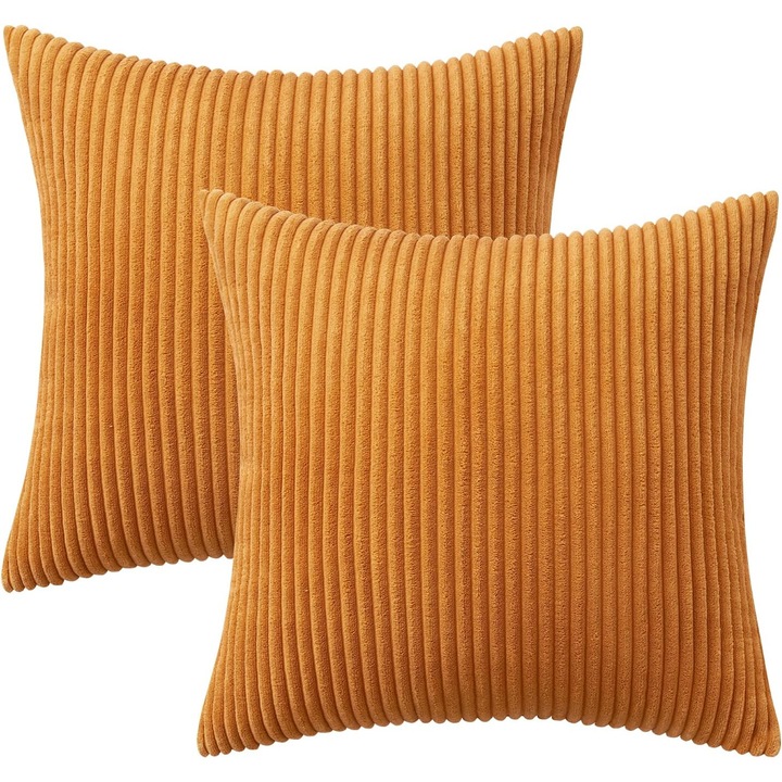 Set de 2 huse pentru perne MIULEE, portocaliu, 50 x 50 cm, din velur moale cu dungi, ideale pentru decor de toamna, canapea, dormitor si fotoliu