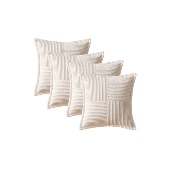 Huse pentru Perne Decorative, MIULEE, Design patrat cu Dungi, Catifelate, Moi si confortabile, Stil Modern, Set 4 bucati, 50 x 50 cm, Alb crem