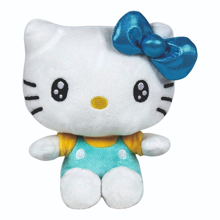 Hello Kitty Sanrio plüssjáték kék kombinéval, 50. évfordulós kiadás, 16 cm