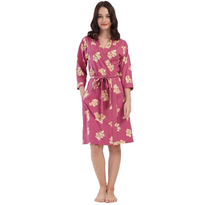 Halat femei, bumbac, maneca 3/4, Ursuletul Teddy, multicolor