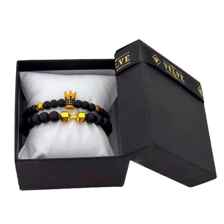 Set Royal unisex, doua bratari cu pietre semipretioase si cristale zirconiu, ambalate in cutie neagra cu pernuta, Negru/Gold, Velve