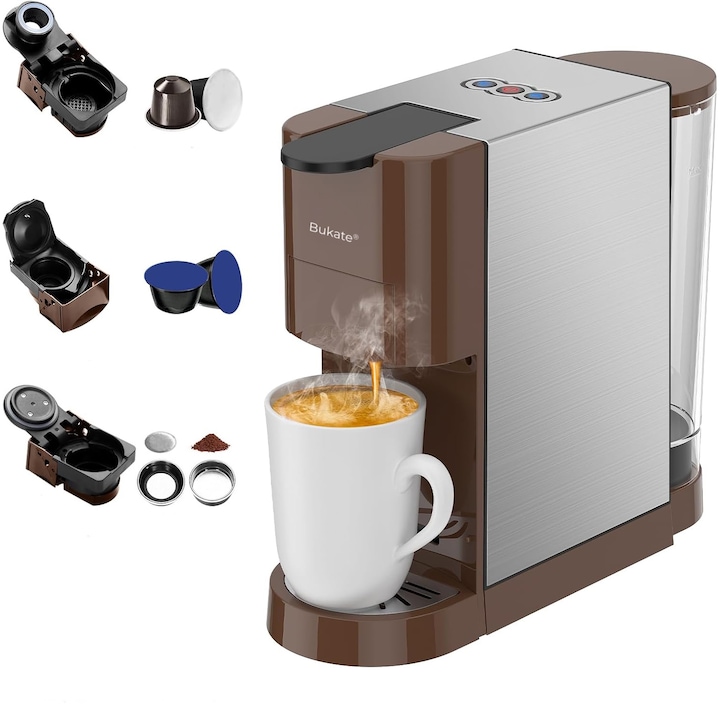 Espressor Multifunctional Manual 4 in 1 Bukate® – Aparat de Cafea Compatibil cu Capsule si Cafea macinata – 19 Bari Presiune – Design Compact – Rezervor 800ml – Oprire Automata - Preparare Rapida