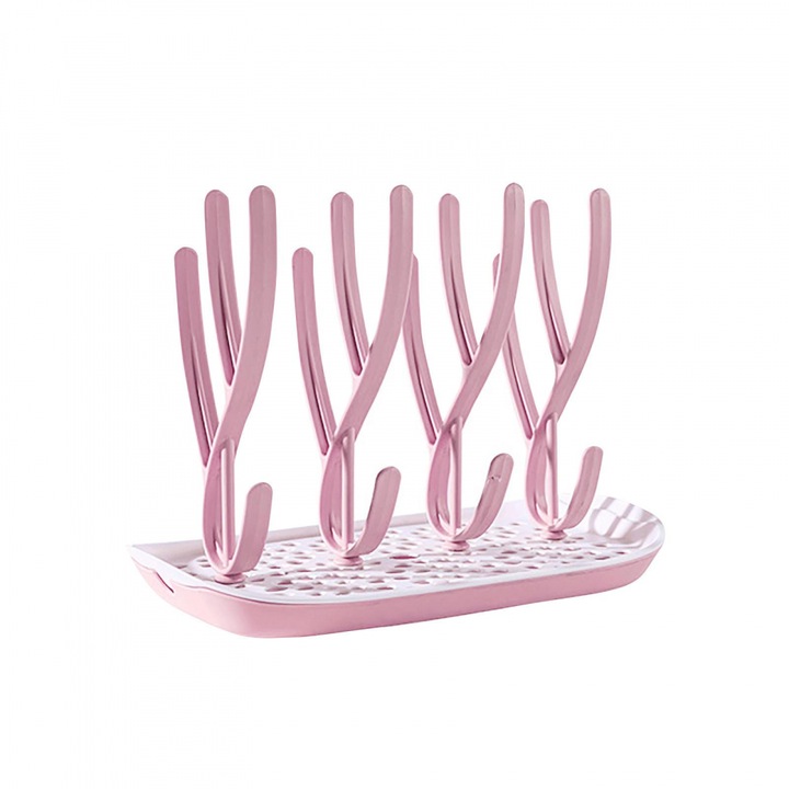 Suport Little Mom Pink pentru uscarea biberoanelor si accesoriilor fara bpa, practic, cu componente detasabile