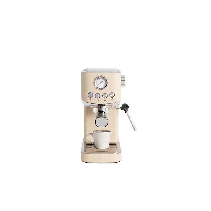 Еспресо машина CREATE, Thera Classic Compact, 20 бара, 1,2 литра, идеална за всички кафе специалитети, съвместима със смляно кафе/ESE подложки, манометър, функция за студено кафе, дюза за разпенване на мляко, бежово