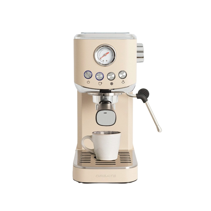 Espressor semiautomat CREATE, Thera Classic Compact, 20 bari, 1.2 litri, ideal pentru toate specialitatile de cafea, compatibil cu cafea macinata/ESE pads, manometru, functie cafea rece, duza spumare lapte, incalzire rapida, placa incalzire cesti, bej