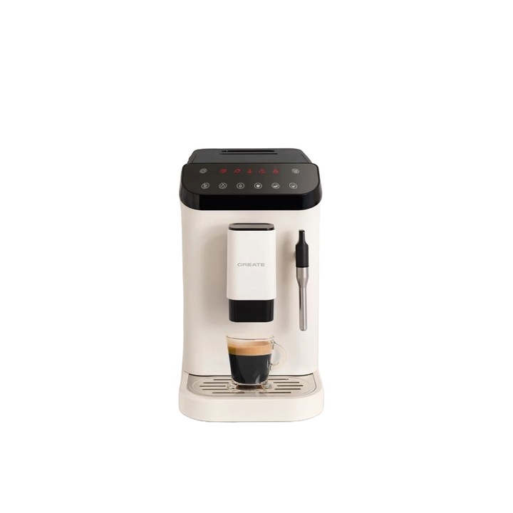 Espressor automat CREATE, Thera Matic Touch, 20 bari, ideal pentru toate specialitatile de cafea, rezervor boabe cafea 180 gr, rasnita integrata, duza spumare lapte/apa fierbinte, incalzire rapida, functie autocuratare, alerta lipsa cafea/apa, crem