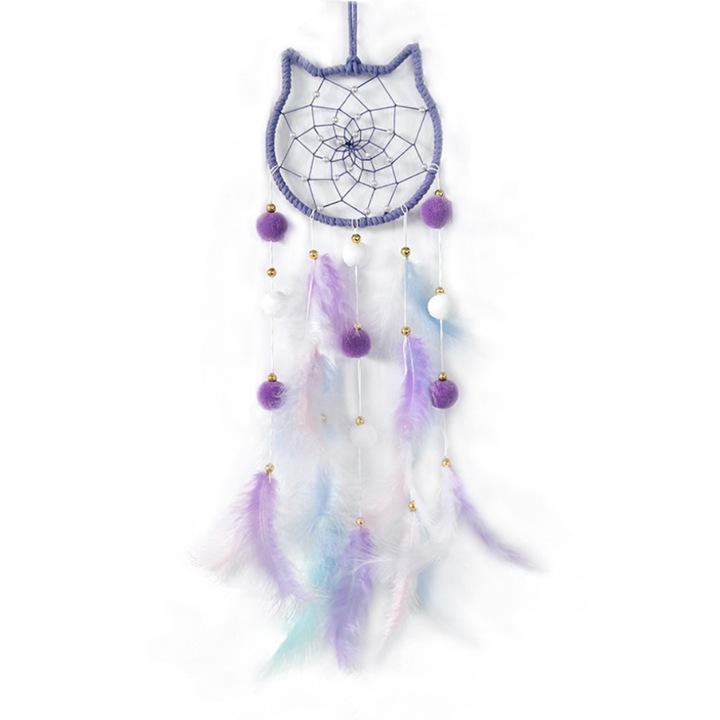 Wisolt® Girlish Dream Catcher függő dekoráció, macskafej stílusú, tollas, lila