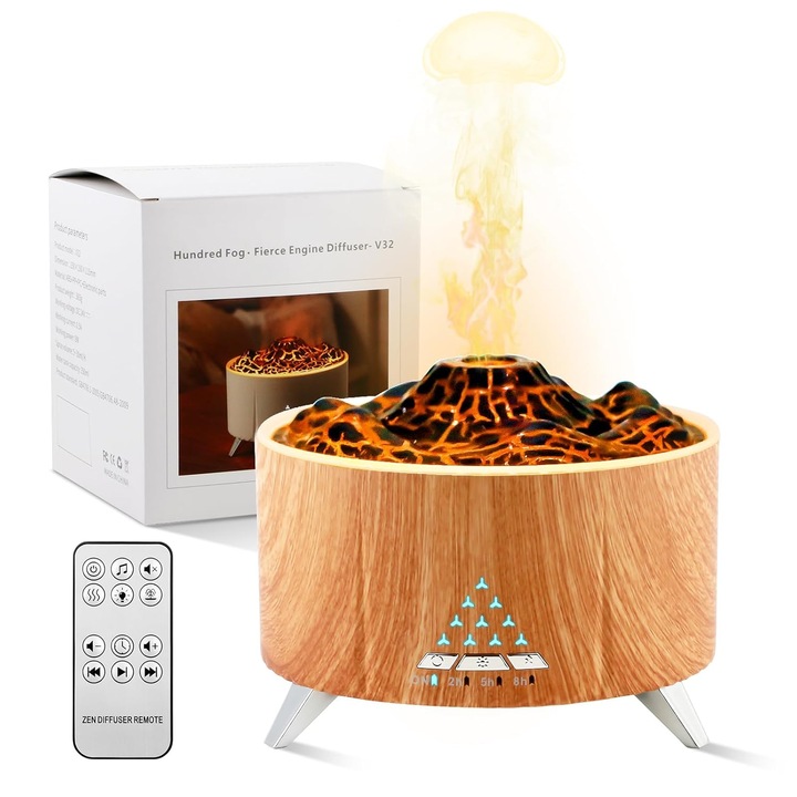 Difuzor de aroma 350 ml, pentru uleiuri esentiale, cu parfum, muzica prin Bluetooth, lumina cu efect de flacara, pulverizare lemnoasa si functionare silentioasa pentru aromaterapie