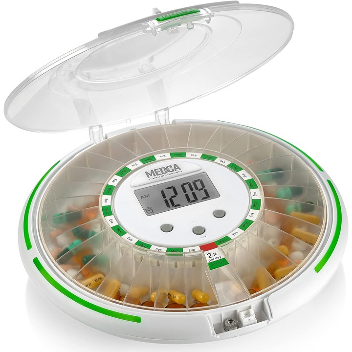 Автоматичен дозатор за лекарства, 28 дни, със звукова аларма, капак с ключ, размери 18x18x10см