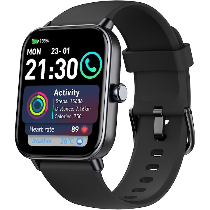 Smartwatch 1,8 inch, 110 moduri, IP68, negru