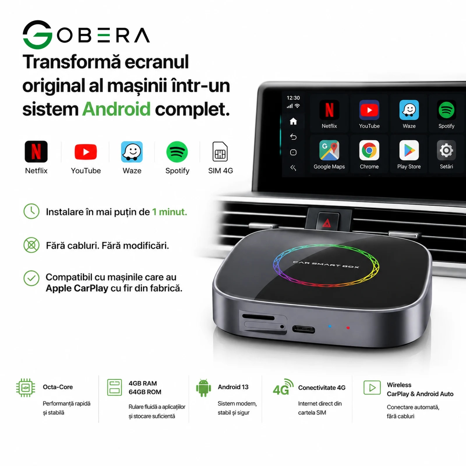 Adaptor Auto Wireless CarPlay & Android Auto, AI Box Android 13