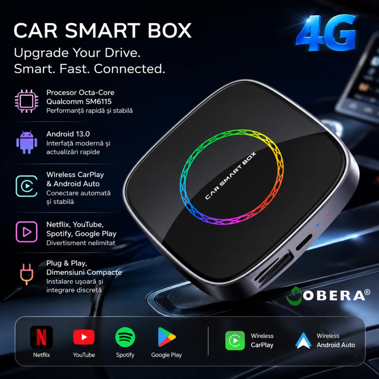 Adaptor Auto Wireless CarPlay & Android Auto, AI Box Android 13