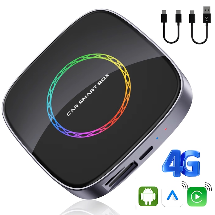 Adaptor auto Wireless CarPlay & Android Auto, AI Box Android 13 goBERA® cu Procesor Octa-Core, 4GB RAM + 64GB ROM, Conectivitate 4G, Pentru masini cu CarPlay cu fir din fabrica, Streaming YouTube si Netflix si Aplicatii Google Play, Plug and Play