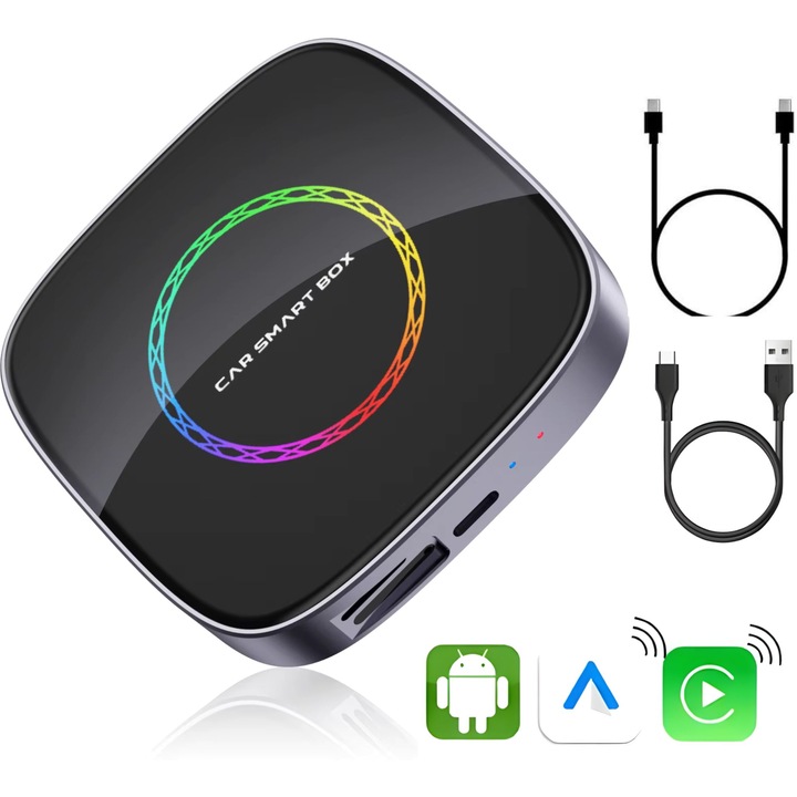 goBERA, Vezeték nélküli CarPlay és Android Auto autós adapter, Android 13 AI Box nyolcmagos processzorral, 4 GB RAM + 64 GB ROM, 4G csatlakozási lehetőség, gyári vezetékes CarPlay szolgáltatással rendelkező autókhoz