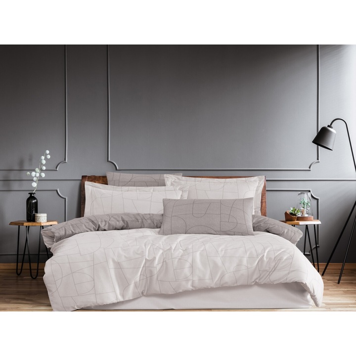 Lenjerie de pat pentru 2 persoane, Majoli, Nordic, Gri, Satin Deluxe, 6 piese