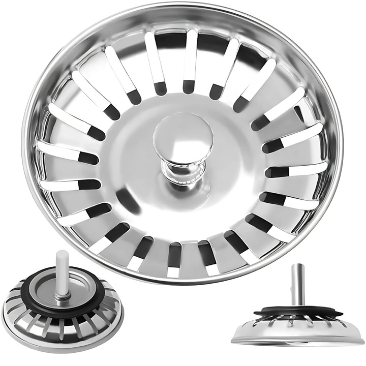 Sita scurgere chiuveta Promerco®, diametru filtru 7.7 cm, 304 otel inoxidabil, Material Premium, rezistent, anticoroziune, antirugina, dop inchidere pentru deseuri, argintiu