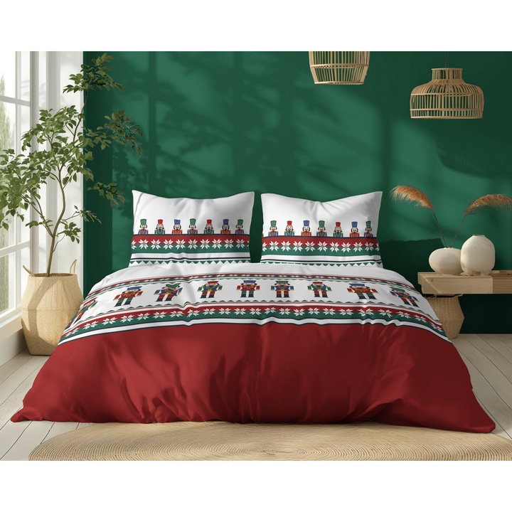 2 személyes ágyneműhuzat, pamut, 3 db, párnahuzat/paplanhuzat, cipzár, 1266315, 220 x 200 cm, fehér/piros