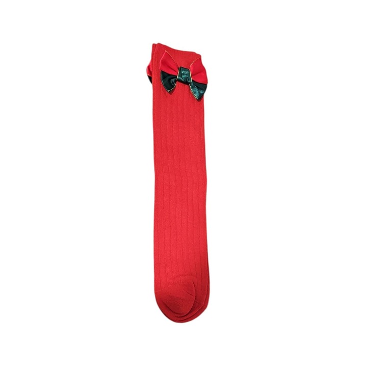 Sosete lungi cu fundita saten Bony, Tema Craciun, bumbac, Rosu, one size, 38 cm