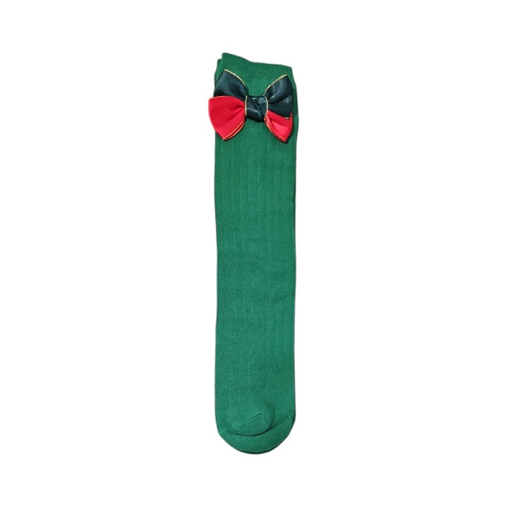 Sosete lungi cu fundita saten Bony, Tema Craciun, bumbac, Verde, one size, 38 cm