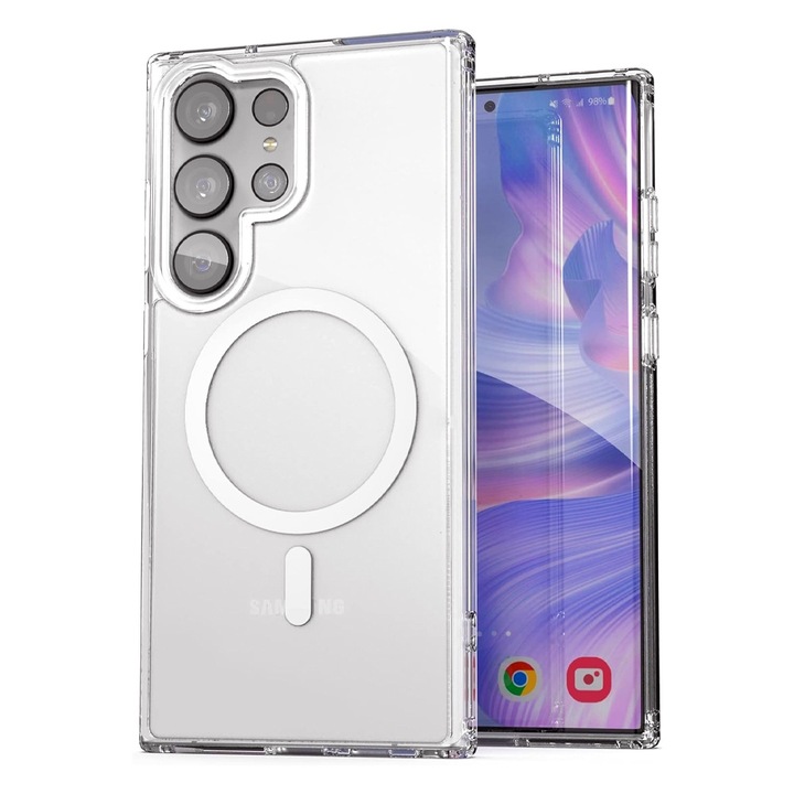 Магнитен калъф за Samsung Galaxy S23 Ultra, ОПТИМАЛНО РЕШЕНИЕ, съвместимост с MagSafe, защита от удар, гъвкавост, тънък дизайн, прецизни изрези, прозрачен