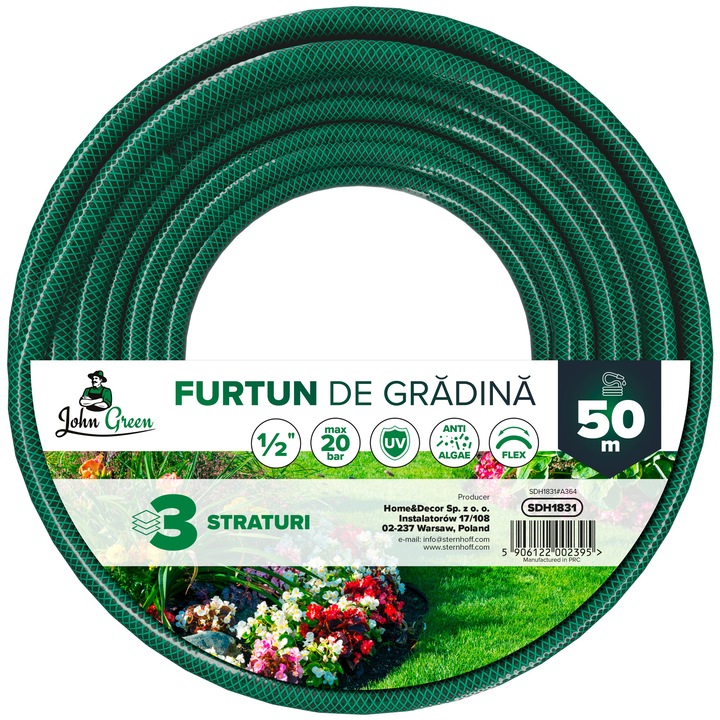 Furtun de Gradina John Green Profesional, 50m, 1/2 inch, 3 Straturi, din PVC Rezistent, cu Protectie UV, Sistem Anti-Rasucire si Anti-Alge, Culoare Verde, pentru Udare si Irigare Eficienta