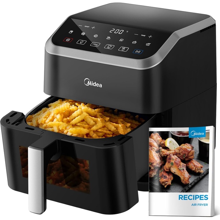Фритюрник с горещ въздух Midea MAD55F8APK, капацитет 5L, технология HeatXpress, с 90% по-малко масло, пестене на енергия и време със 7 предварителни настройки, незалепващо покритие, 1700 W, черен