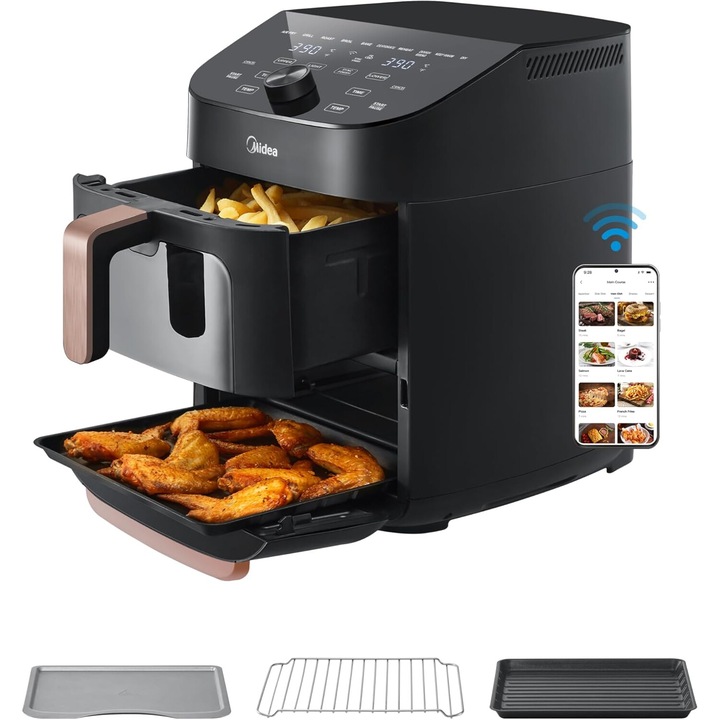 Friteuza cu aer cald Midea, Double Stack, Airfryer suprapus, Smart WiFi Sync cu Alexa, design vertical de 11L XL care economiseste spatiu, cos 10-in-1 pentru gratar pentru 3-8 persoane, 2400 W