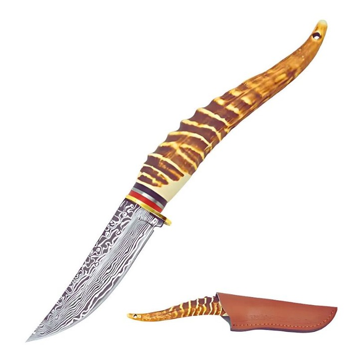 Cutit de vanatoare, lama din otel inoxidabil, maner cu design ce imita coarnele unui animal salbatic, finka